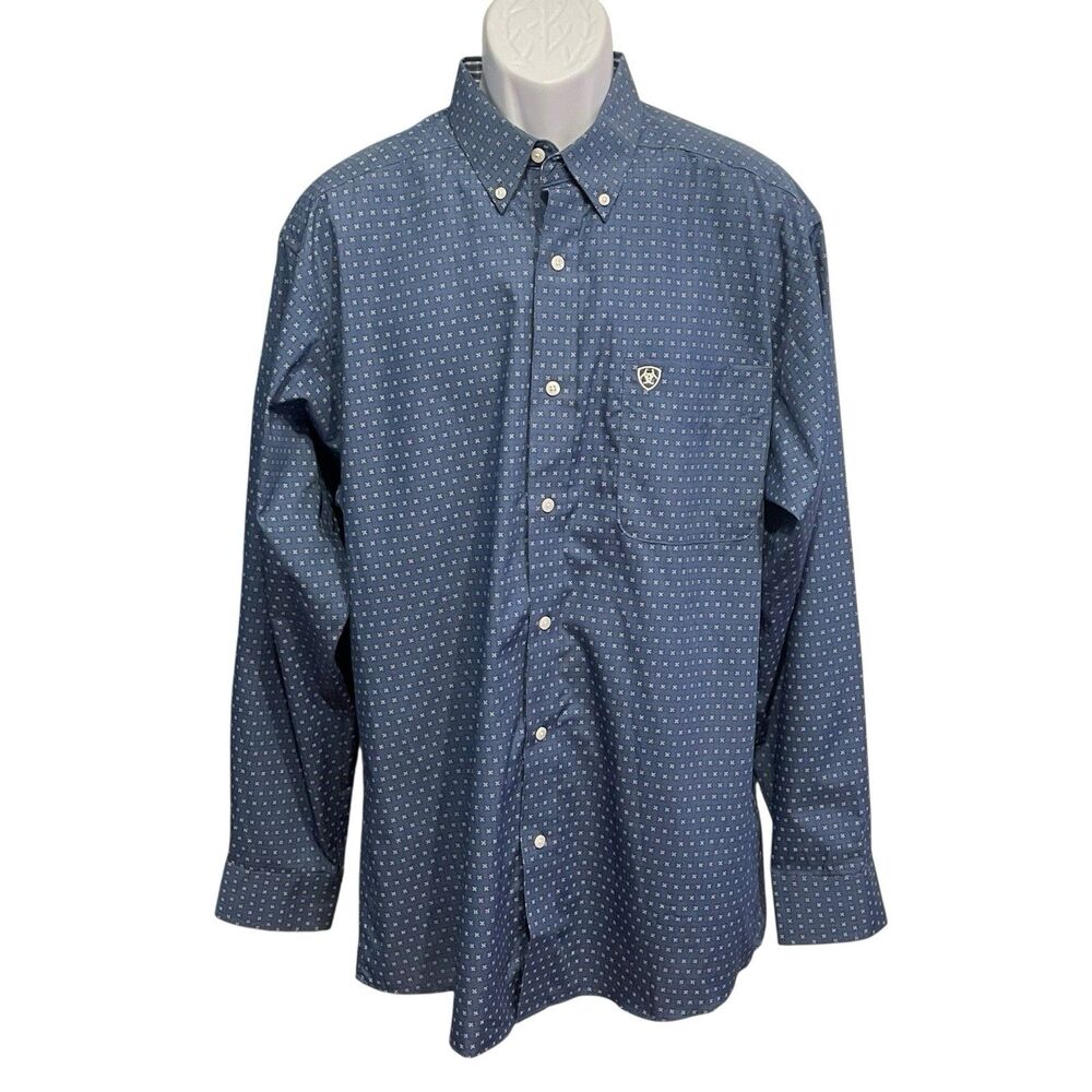 Ariat Long Sleeve Fitted Button Up Dress Shirt 100% Cotton Blue Pattern Mens XL - Picture 2 of 13